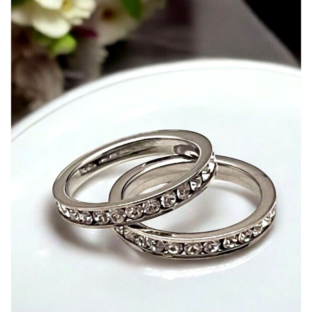 New Boutique Ring Set Size 9 Stackable Bands Clear Crystals - 2P